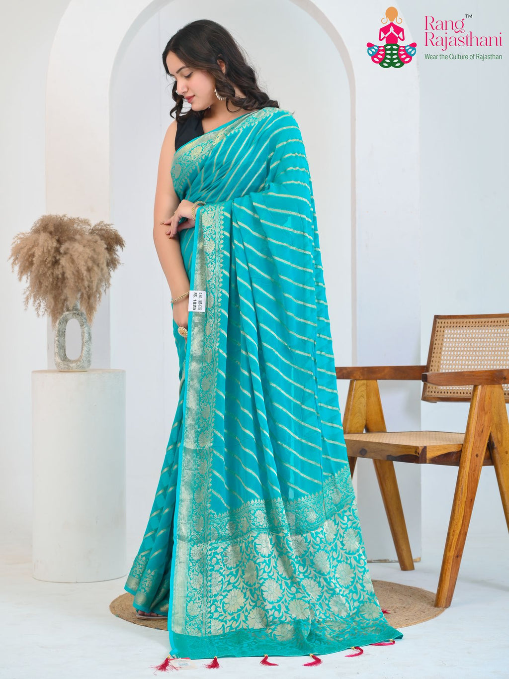 Firozi Pure Georgette saree with Khaddi Work side drape view