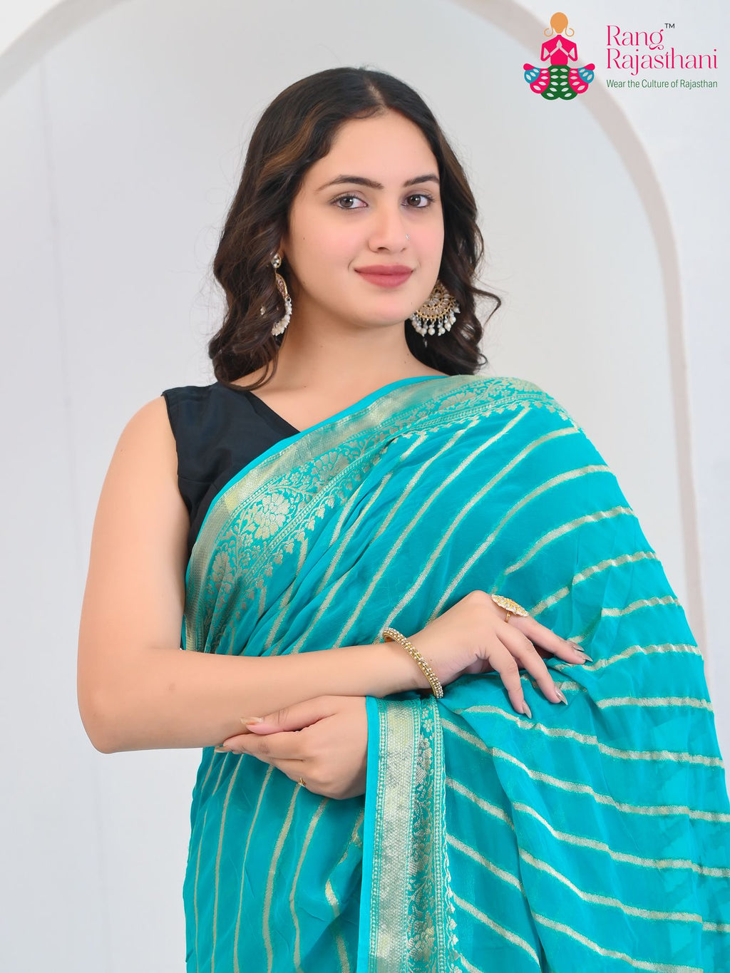 Firozi Pure Georgette saree with Khaddi Work close up detailing