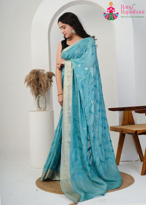 Firozi Pure Ho Silk Sequin Saree for Wedding Guest | Refined Edit