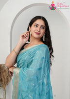 Firozi Silk saree with Sequence close up detailing