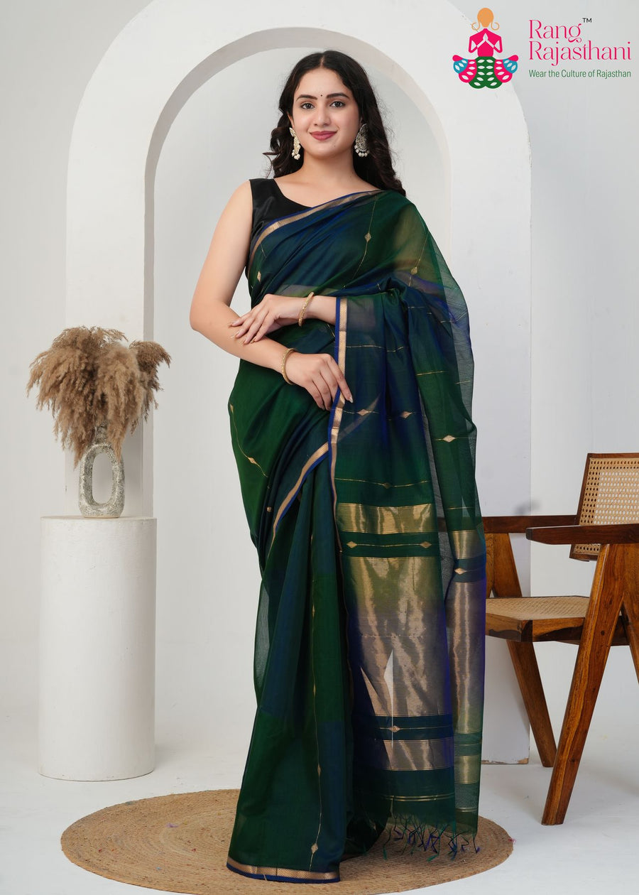 Green Pure Maheshwari Silk Weaving Saree for Wedding Guest | Reception Wear