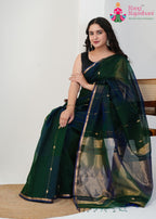 Green Pure Maheshwari Silk saree with Khaddi Work side drape view
