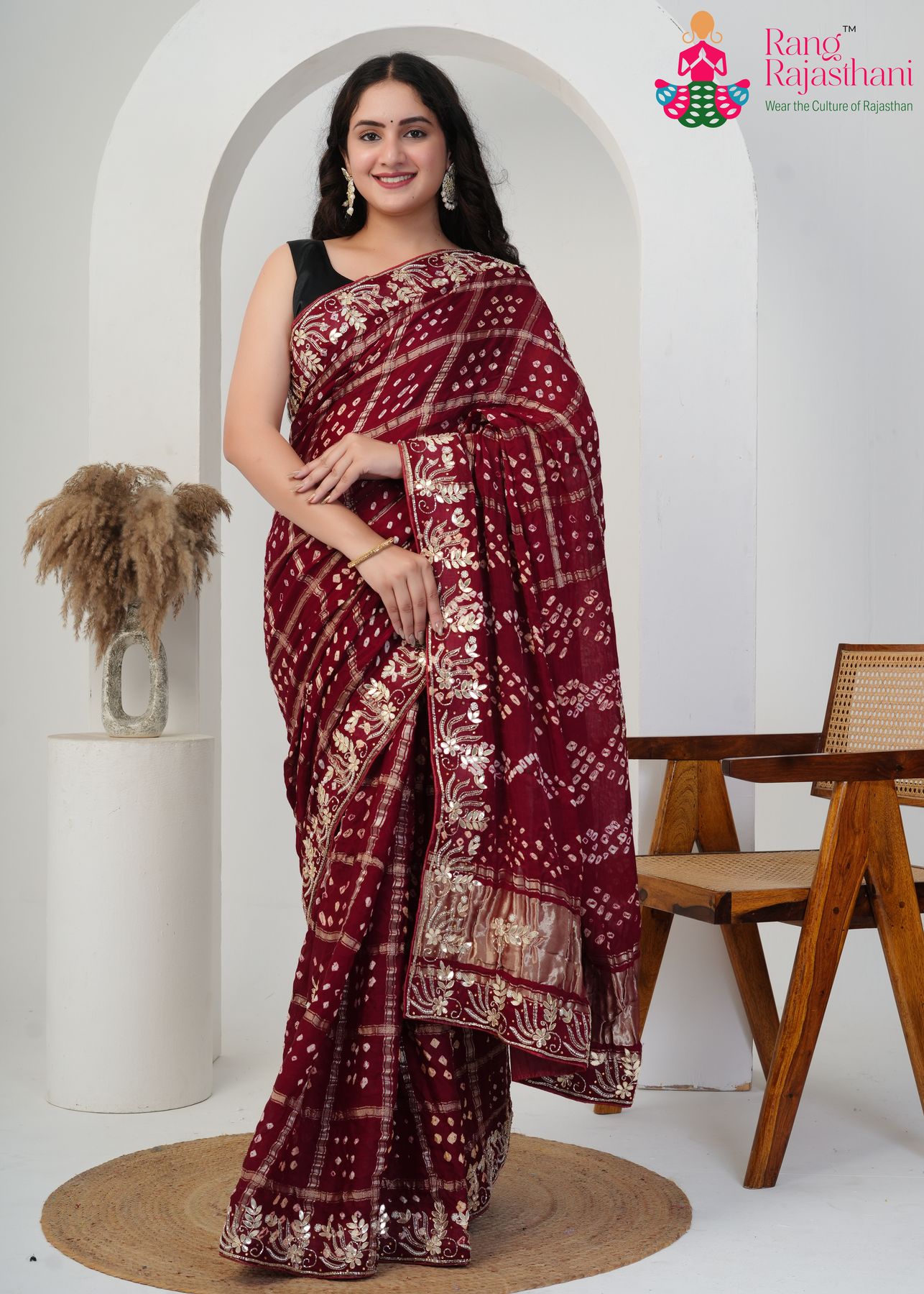 Maroon Modal Gaji Ghatchola Gota Patti Saree : Hand-Work Shine