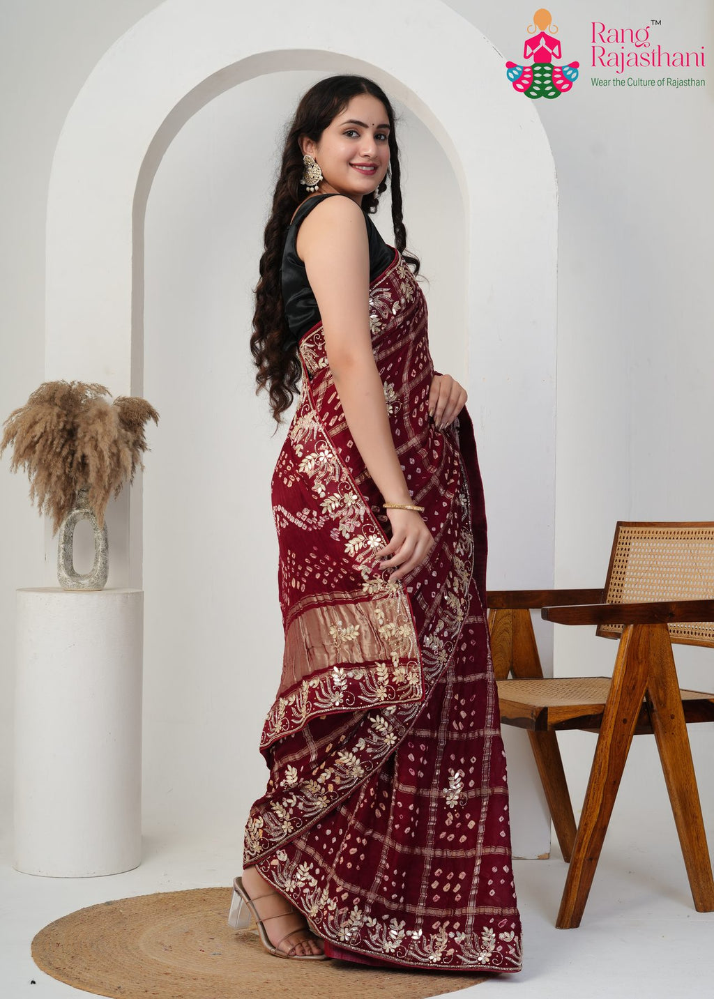 Maroon Modal Gaji Ghatchola Gota Patti Saree : Hand-Work Shine
