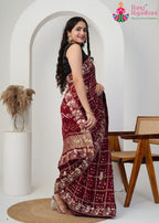 Maroon Pure Modal Silk saree with Ghatchola pleats view