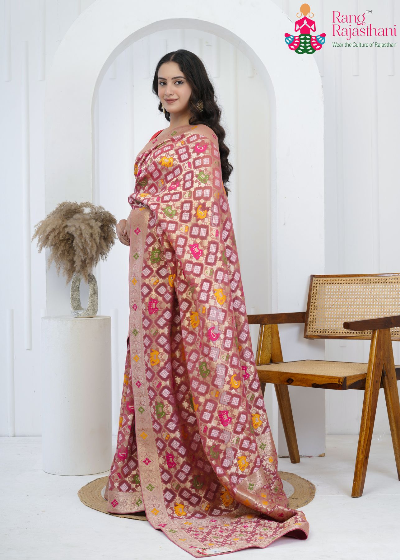 Gajari Khaddi Georgette Meenakari Bandhej Saree : Rajputana Heritage