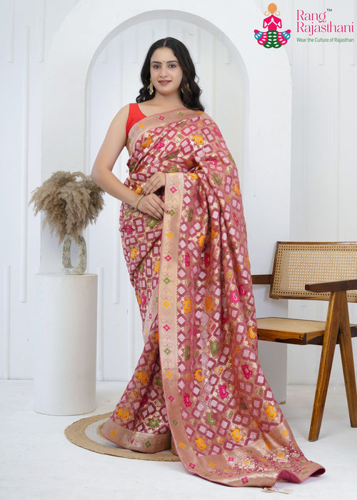 Gajari Khaddi Georgette Meenakari Bandhej Saree : Rajputana Heritage