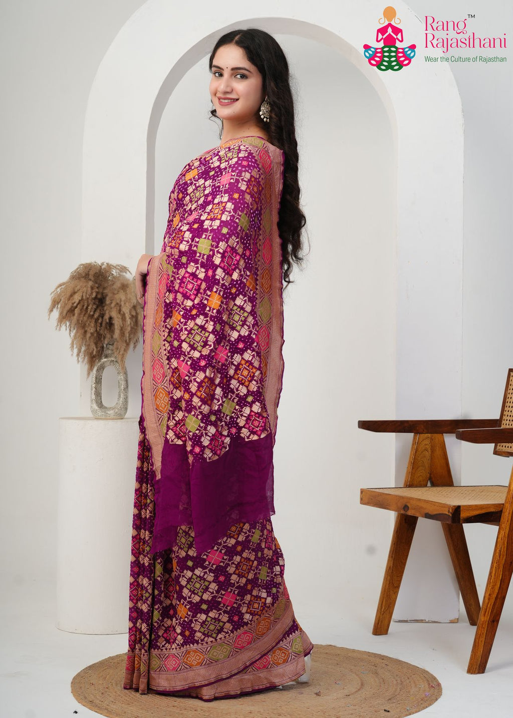 Wine Pure Khadi Georgette saree with Khaddi Work pleats view