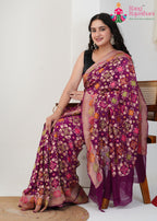 Wine Pure Khadi Georgette saree with Khaddi Work side drape view