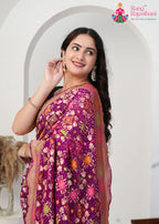 Wine Pure Khadi Georgette saree with Khaddi Work close up detailing