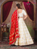 White and Red Pure Gaji Silk saree with Ghatchola and Hand Work side drape view