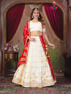 White and Red Pure Gaji Silk Wedding saree with Ghatchola and Hand Work from Rang Rajasthani