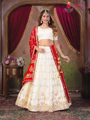 White Pure Gaji Silk Hand Tie Dye Bandhani Gharchola Lehenga Chunni for Wedding Reception | Festive Collection