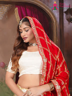 White and Red Pure Gaji Silk saree with Ghatchola and Hand Work back view