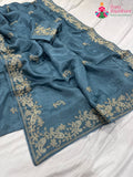 gray pure Russian silk resham embroidery saree for wedding guest wear by Rang Rajasthani