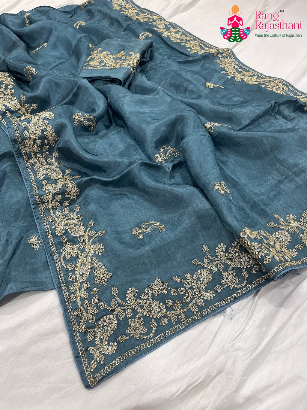 complete look of gray pure Russian silk resham embroidery saree 