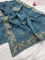 complete look of gray pure Russian silk resham embroidery saree 