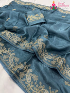 pallu detailing of gray pure Russian silk resham embroidery saree 