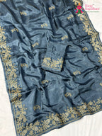 gray pure russsian silk resham embroidery saree ethnic wear by Rang Rajasthani