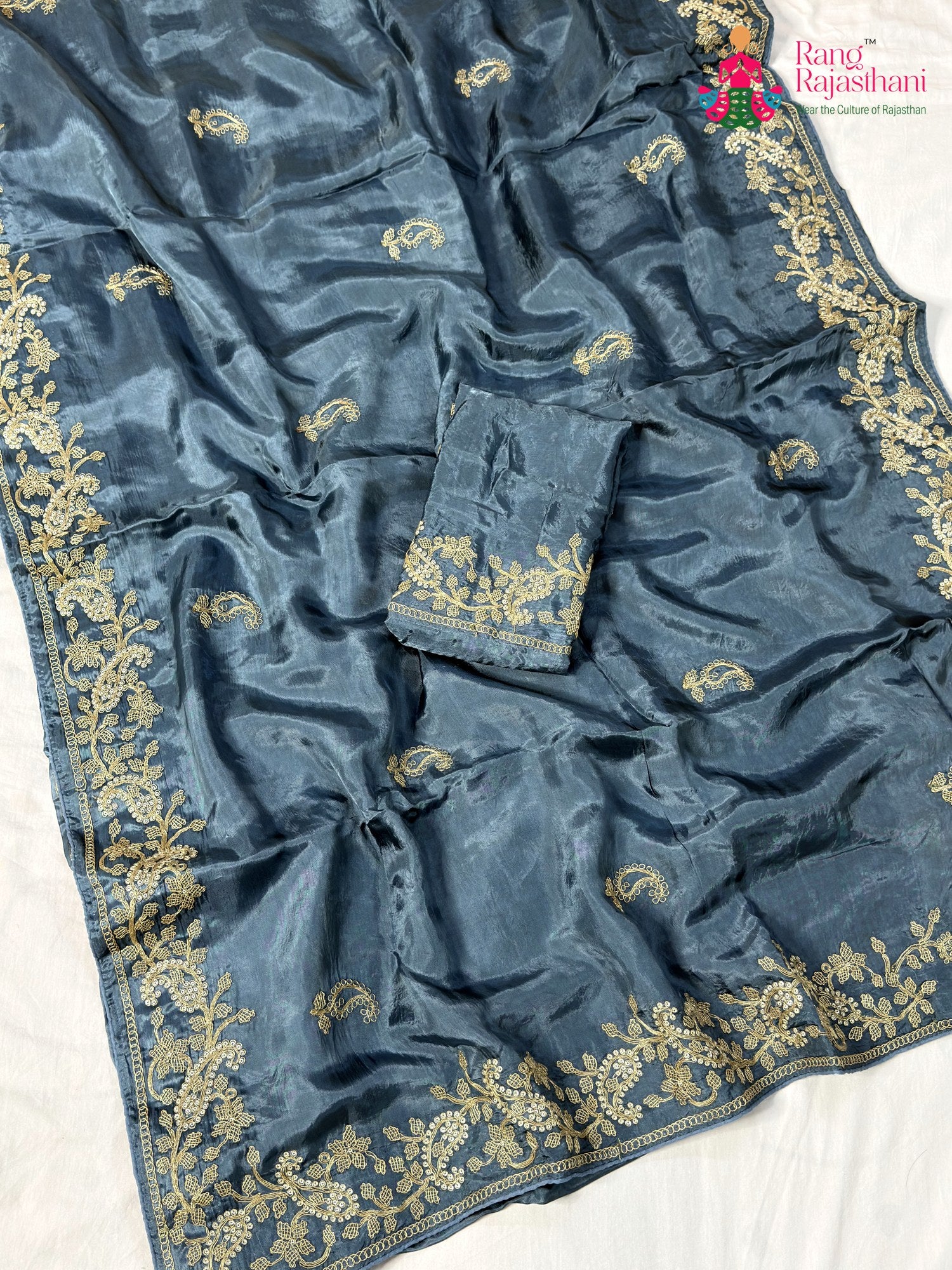Gray Pure Russian Silk Resham Embroidery Saree for Wedding Guest | New Arrival