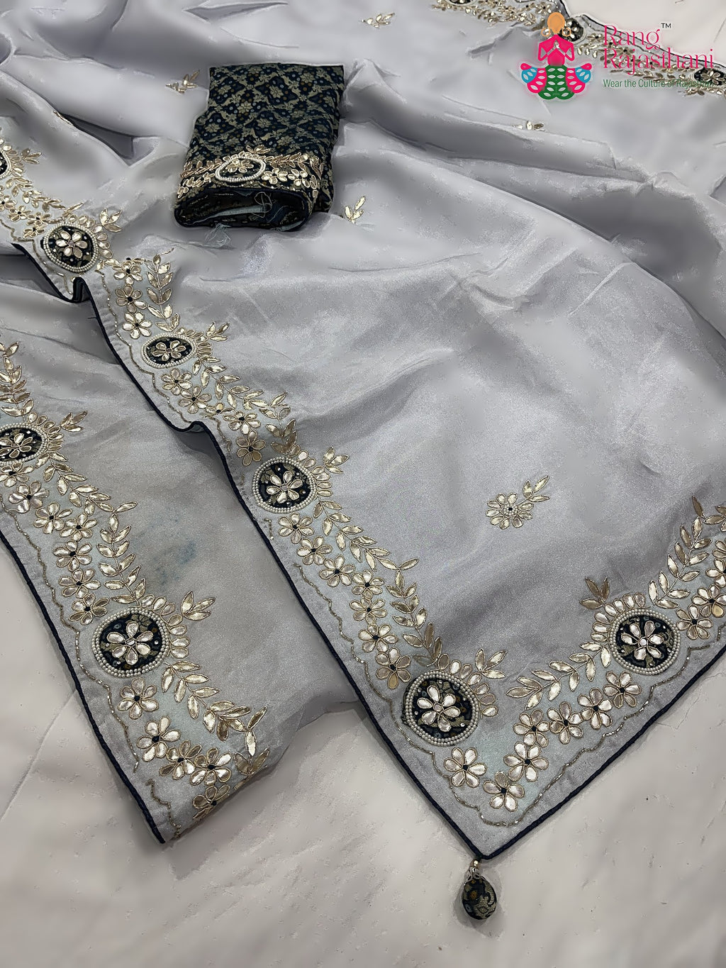 Gray Pure Tissue Silk Gota Patti Work Saree : Quiet Flow