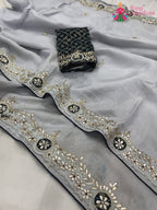 Gray Pure Tissue Silk Gota Patti Work Saree : Quiet Flow