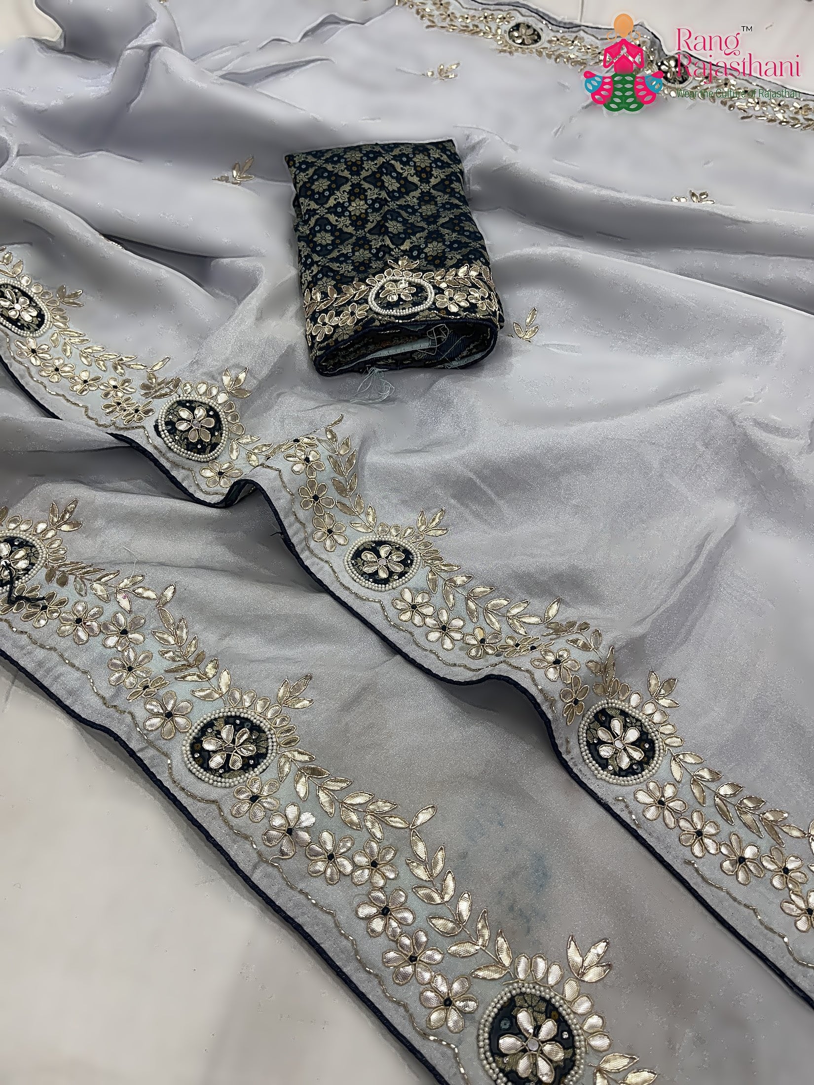 Gray Pure Tissue Silk Gota Patti Work Saree : Quiet Flow