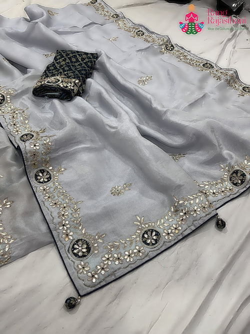 Gray Pure Tissue Silk Gota Patti Work Saree : Quiet Flow main-image