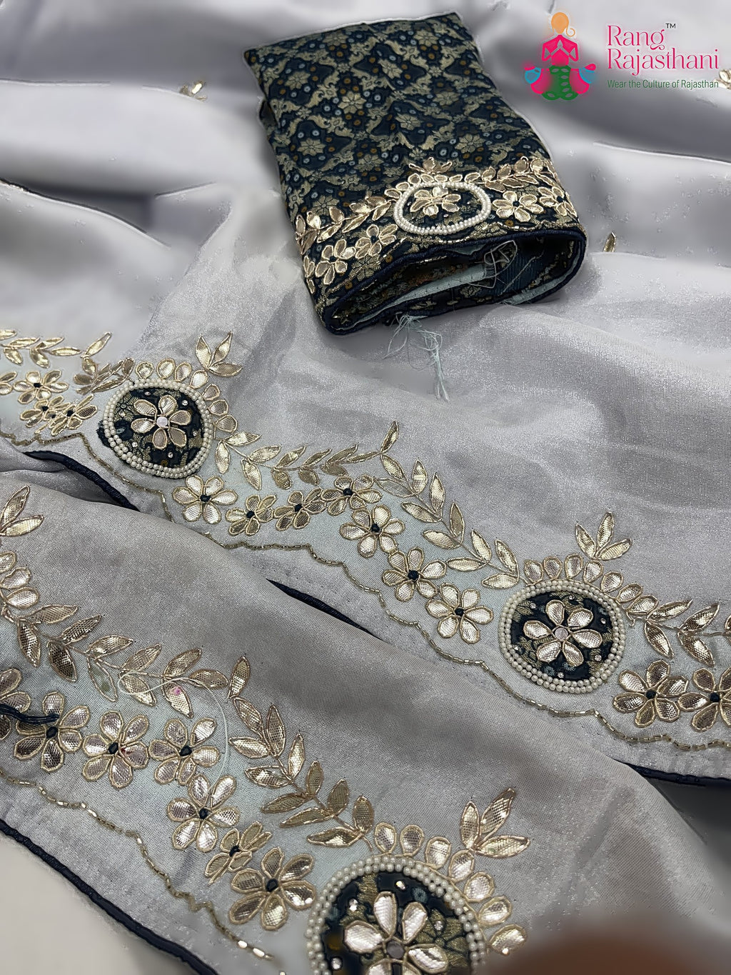 Gray Pure Tissue Silk Gota Patti Work Saree : Quiet Flow