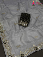 Gray Pure Tissue Silk Gota Patti Saree for Wedding Guest | Statement Pick
