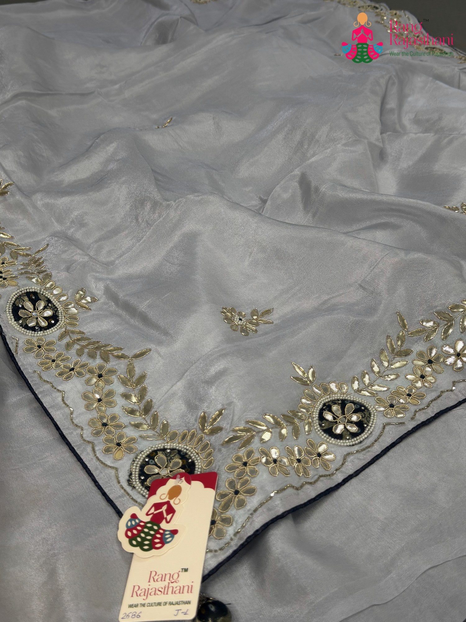 Gray Pure Tissue Silk Gota Patti Saree for Wedding Guest | Statement Pick
