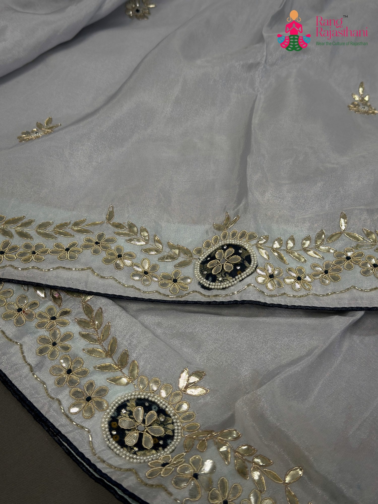 Gray Pure Tissue Silk Gota Patti Saree for Wedding Guest | Statement Pick