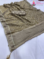 pallu detailing of gray pure tissue silk zari embroidery saree 