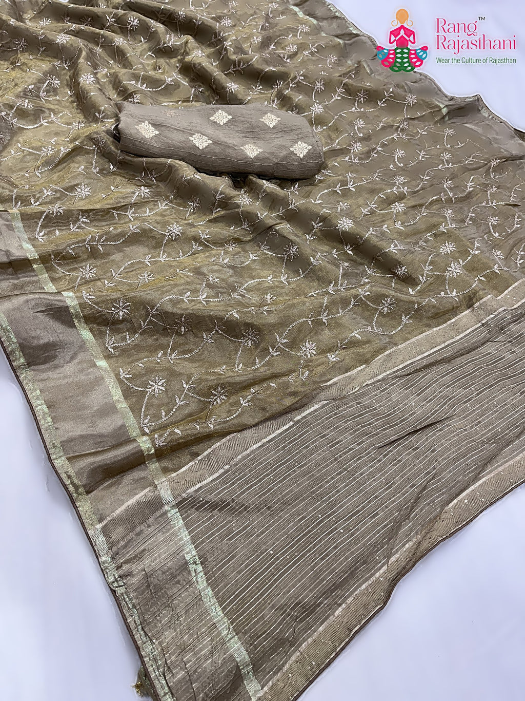 gray pure tissue silk zari embroidery saree for wedding guest wear by Rang Rajasthani