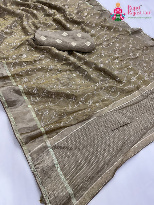 Gray Pure Tissue Silk Zari Embroidery Saree : Calm Balance main-image