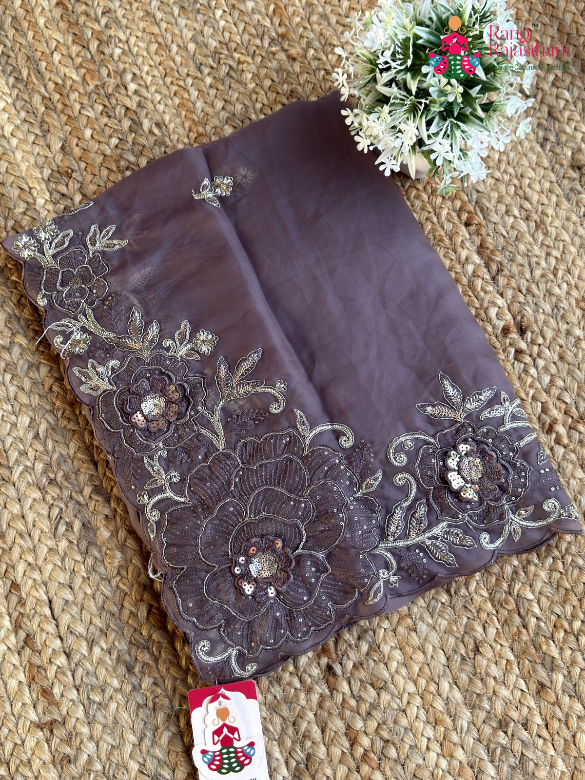 Gray Shimmer Satin Zari Embroidery Saree for Wedding Reception | Designer Saree