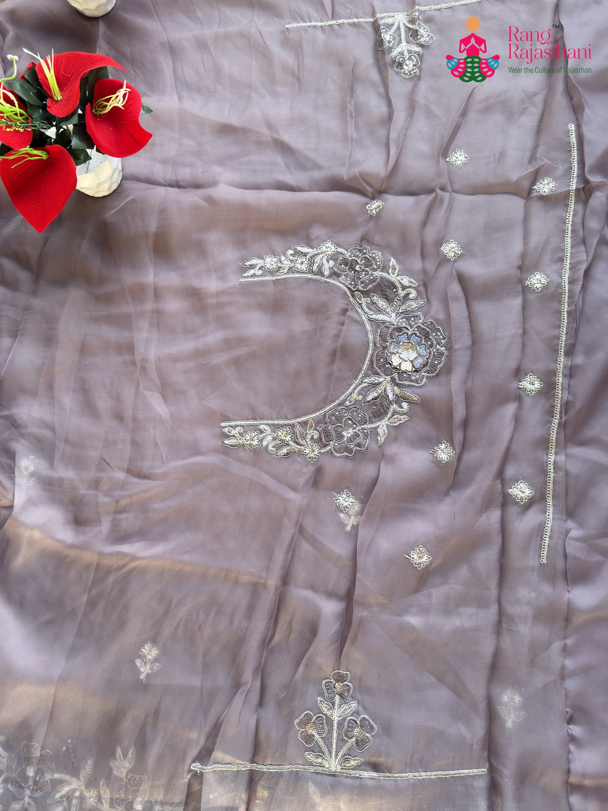 Gray Shimmer Satin Zari Embroidery Saree for Wedding Reception | Designer Saree