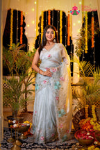 Gray Shimmer Tissue Hand Work Saree for Wedding Reception | Shop Latest