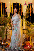 Gray Shimmer Tissue Hand Work Saree for Wedding Reception | Shop Latest