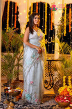 Gray Shimmer Tissue Hand Work Saree for Wedding Reception | Shop Latest