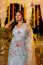 Gray Shimmer Tissue Hand Work Saree for Wedding Reception | Shop Latest