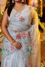 Gray Shimmer Tissue Hand Work Saree for Wedding Reception | Shop Latest
