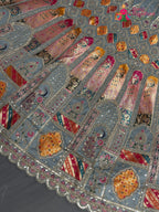 lehenga flare detailing of gray synthetic zari embroidery saree