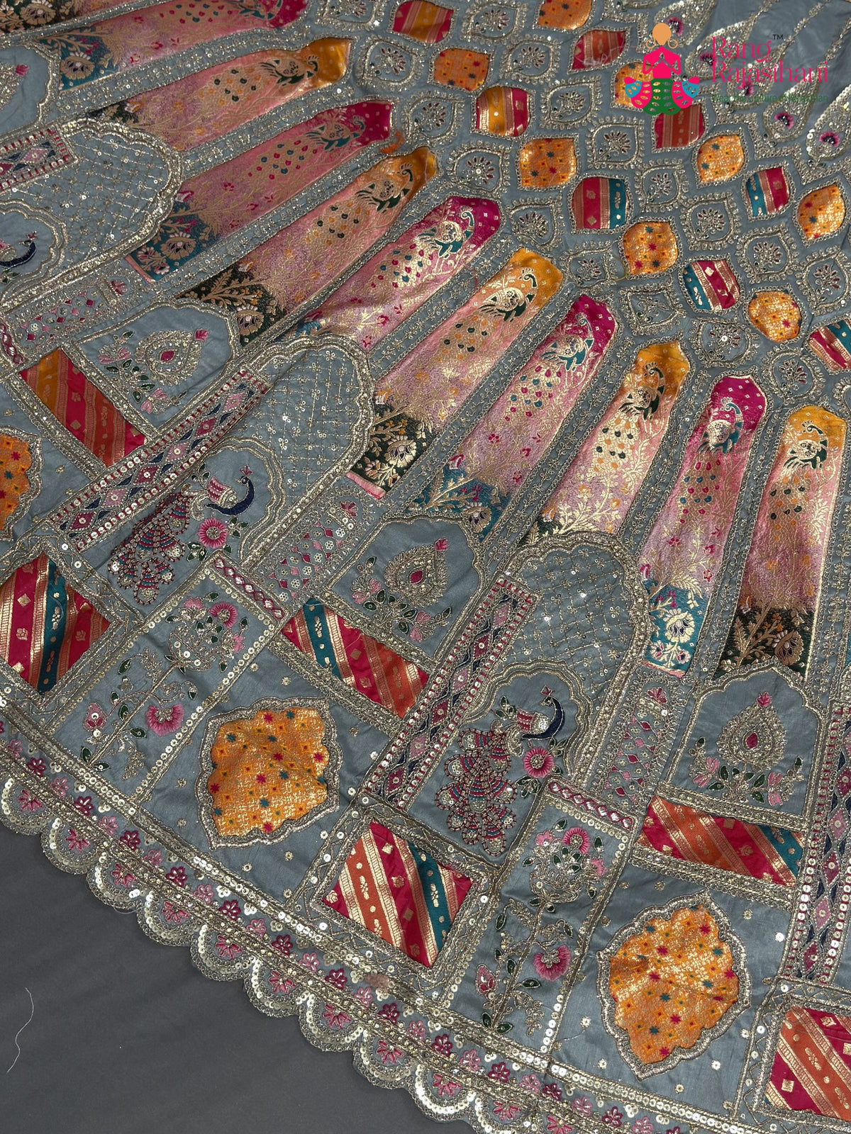 lehenga flare detailing of gray synthetic zari embroidery saree