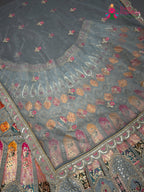 chunni detail of gray synthetic zari embroidery saree
