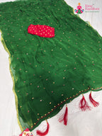 green chiffon mirror saree for mehendi ceremony by Rang Rajasthani