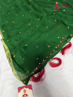 pallu detailing of green chiffon mirror saree