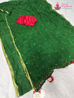 complete look of green chiffon mirror saree