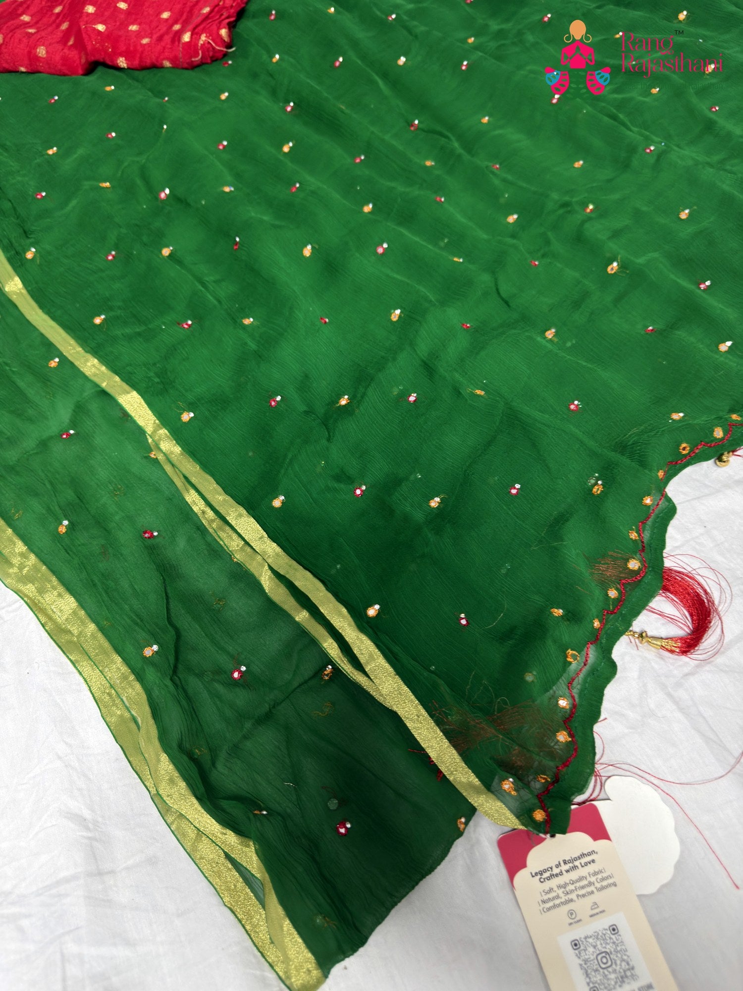 border detailing of green chiffon mirror saree