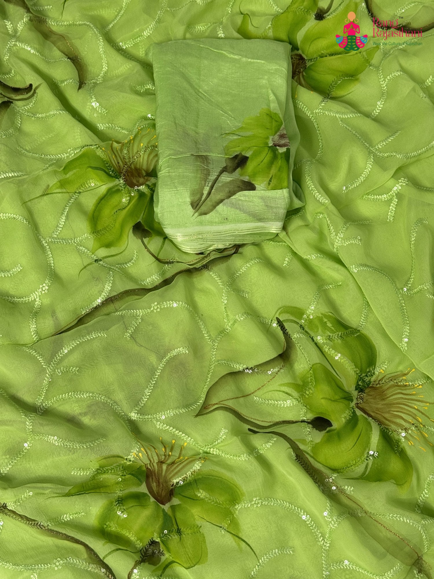pallu detailing of green chiffon resham embroidery saree